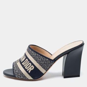 Pre Owned Dior Navy Blue/White Canvas And Leather Embroidered Dway Sandals  Size 37