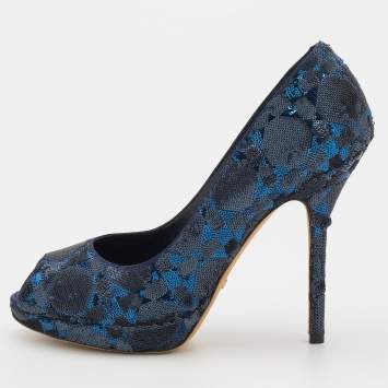 Pre Owned Dior Blue Sequin Embellished Satin Peep Toe Pumps Size 39