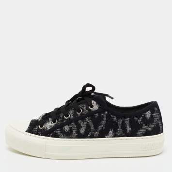 Pre Owned Dior Black/Silver Lurex Fabric Walk'N'Dior Low Top Sneakers Size 38.5