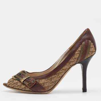 Pre Owned Dior Beige/Brown Diorissimo Canvas And Leather Buckle Detail Peep Toe Pumps Size 37.5