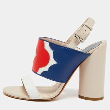 Pre Owned Dior Cream/Blue Leather Ankle Strap Block Heel Sandals Size 37