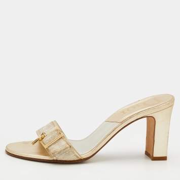 مملوكة مسبقًا Dior Gold Brocaded Fabric Slide Sandals Size 36.5