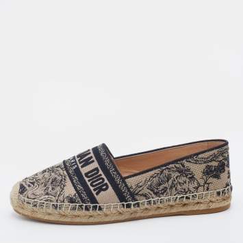 Pre Owned Dior Beige/Black Oblique Embroidered Canvas Granville Espadrille Flats Size 38