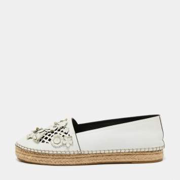 Pre Owned Dior White Laser Cut Leather Flower Applique Flore Flat Espadrilles Size 40