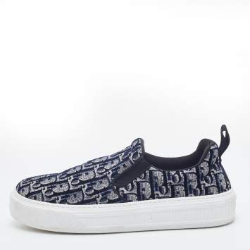 Pre Owned Dior Navy Blue Oblique Velvet Fabric Solar Slip On Sneakers Size 40