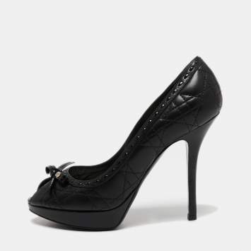 Pre Owned Dior Black Cannage Leather Bow Peep Toe Platform Pumps Size 37.5