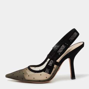 Pre Owned Dior Black Plumetis Mesh and Studded Suede J'adior Slingback Pumps Size 36.5
