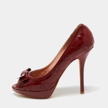 Pre Owned Dior Deep Red Cannage Patent Leather Bow Peep Toe Platform Pumps Size 36.5