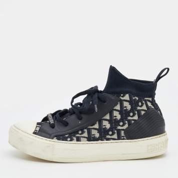 مملوكة مسبقًا Dior Navy Blue/White Oblique Knit Fabric And Leather Walk'n'Dior High Top Sneakers Size 37.5