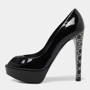 Pre Owned Dior Black Patent Leather Peep Toe Cannage Heel Platform Pumps Size 37.5