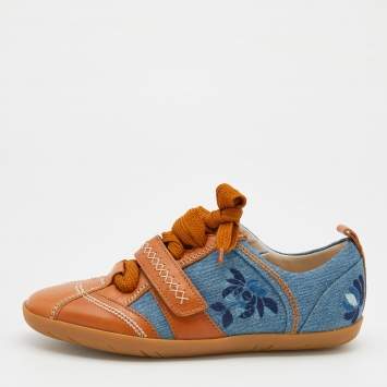 Pre Owned Dior Tan/Blue Denim and Leather Stitch Velcro Lace Up Sneakers Size 36.5