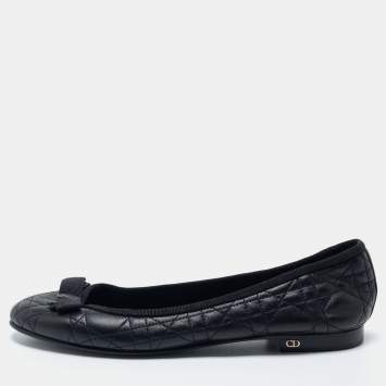 Pre Owned Dior Black Cannage Quilted Leather Bow Ballet Flats Size 38.5
