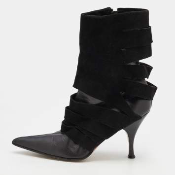 Pre Owned Dior Black Suede and Leather Pointed Toe Ankle Length Boots Size 38.5