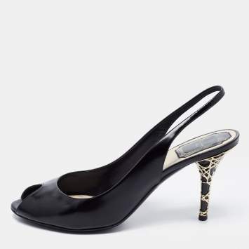 Pre Owned Dior Black Leather Peep Toe Cannage Heel Slingback Pumps Size 38