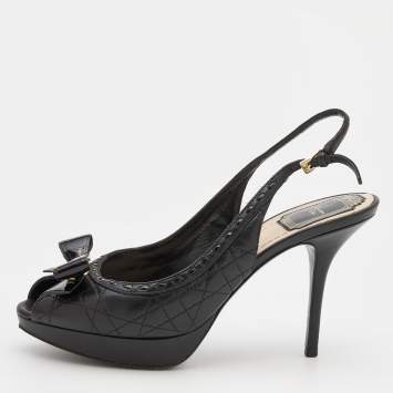 Pre Owned Dior Black Cannage Patent and Leather Bow CD Logo Slingback Pumps Size 38