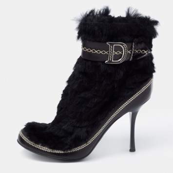 Pre Owned Dior Black Fur and Leather Ankle Length Booties Size 39