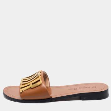 Pre Owned Christian Dior Tan Leather Dior Evolution Flat Slides Size 38