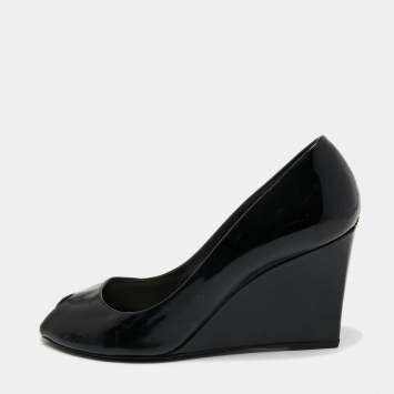 Pre Owned Christian Dior Black Patent Peep Toe Wedge Pumps  Size 39
