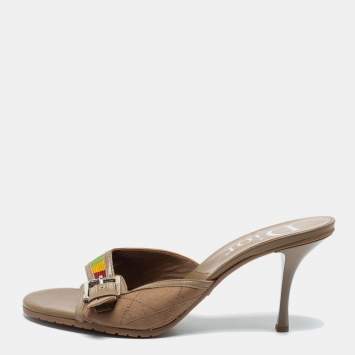 Pre Owned Dior Light Brown Cannage Canvas Buckle Slide Sandals Size 39