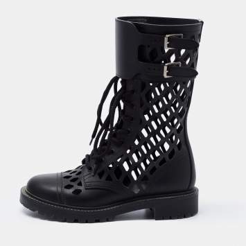 Pre Owned Dior Black Leather Lasercut Accent Combat Boots Size 37