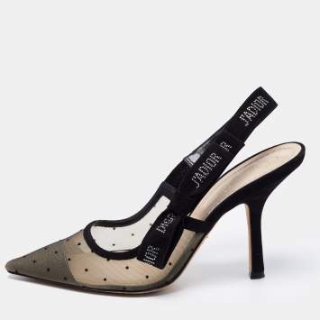 Pre Owned Dior Black Plumetis Mesh and Suede J'adior Slingback Pumps Size 39.5