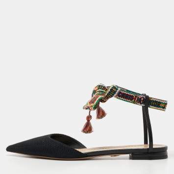 Pre Owned Dior Black Fabric J'adior Pointed Toe Ankle Wrap Flats  Size 37.5