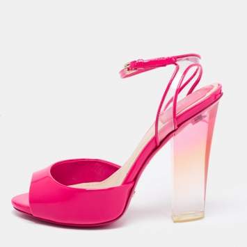 Pre Owned Dior Pink Patent Leather and PVC Clear Block Heels Ankle-Strap Sandals Size 35