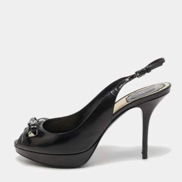 Pre Owned Dior Black Leather Bow Peep Toe Slingback Sandals Size 37
