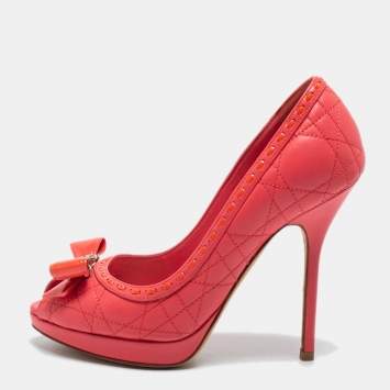 Pre Owned Dior Pink Cannage Leather Bow Peep Toe Pumps Size 35