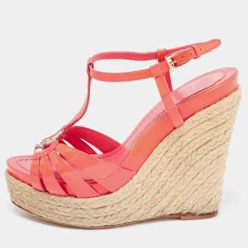 Pre Owned Dior Coral Pink Patent Leather Espadrille Wedge T-Strap Platform Sandals Size 36