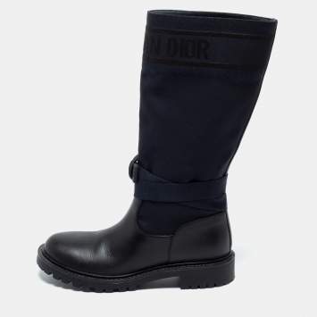 Pre Owned Dior Black/Navy Blue Leather and Canvas D-Major Calf Boots Size 39.5