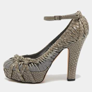 Pre Owned Dior Two Tone Python Knot Bow Platform Ankle Strap Pumps Size 37.5