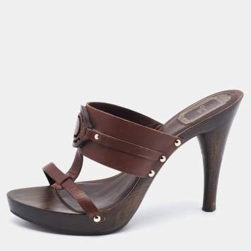 Pre Owned Dior Dark Brown Leather Wooden Heel Platform Sandals Size 37.5