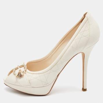 Pre Owned Dior Off White Cannage Leather Bee Detail Peep Toe Platform Pumps Size 37.5
