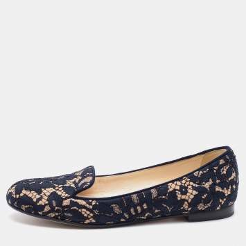 Pre Owned Dior Navy Blue/Beige Floral Lace and Suede Smoking Slippers Size 37.5