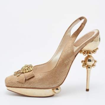 Pre Owned Dior Metallic Gold Suede Platform Slingback Pumps Size 38.5