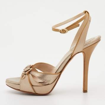 Pre Owned Dior Metallic Gold/Beige Leather and Satin Platform Ankle Strap Sandals Size 36