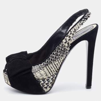 Pre Owned Dior Black Woven Fabric and Suede Bow Peep Toe Slingback Platform Pumps Size 38