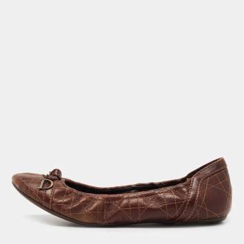 Pre Owned Dior Brown Cannage Leather Bow Ballet Flats Size 38