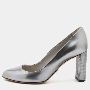 Pre Owned Dior Silver Leather Microcannage Block Heel Pumps Size 36