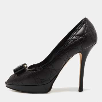 Pre Owned Dior Black Leather Cannage Embossed Bow Peep Toe Pumps Size 39.5