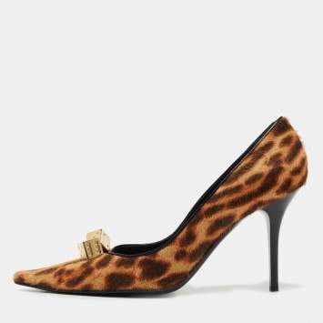 Pre Owned  Dior Brown Leopard Print Calfhair Dice Embellished Pumps Size 40.5