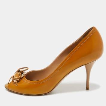 Pre Owned Dior Brown Leather Bow Peep Toe Pumps Size 38.5