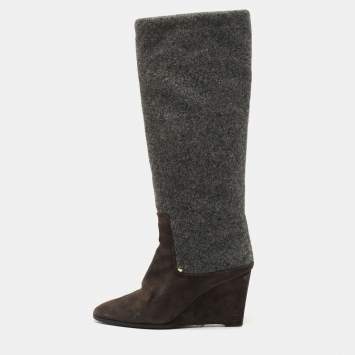 Pre Owned Dior Grey Suede and Wool Wedge Knee Length Boots Size 40.5