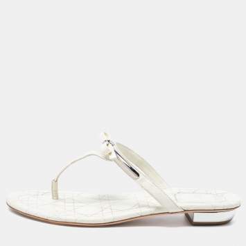 Pre Owned Dior White Leather Bow Thong Flats Size 39