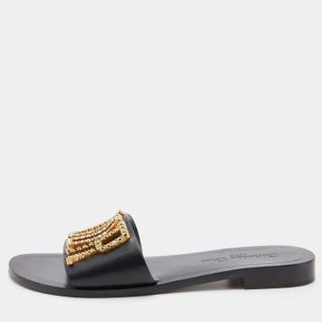 Pre Owned Dior Black Leather Crystal Embellished Flat Slides Size 38.5
