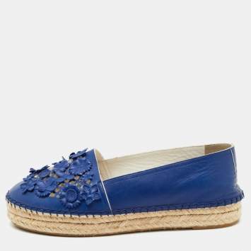 Pre Owned Dior Blue Laser Cut Leather Flower Applique Espadrille Flats Size 35.5