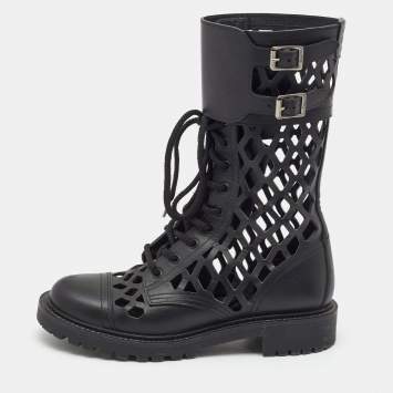 Pre Owned Dior Black Leather Laser cut Accents Combat Boots Size 37