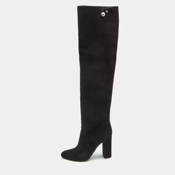 Pre Owned Dior Black  Suede Block Heel Knee Length Boots Size 38