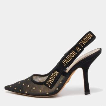 Pre Owned Dior Black Plumetis Mesh J'adior Studded Suede Pointed Toe Slingback Pumps Size 37.5